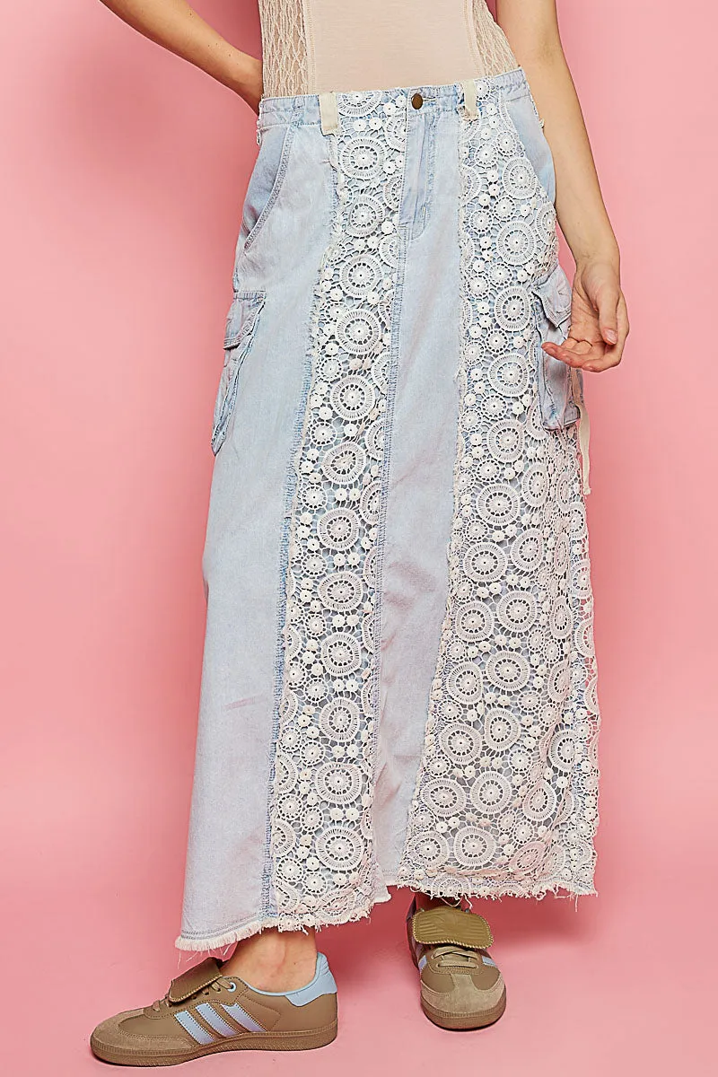 POL Boho Crochet Patch Denim Skirt