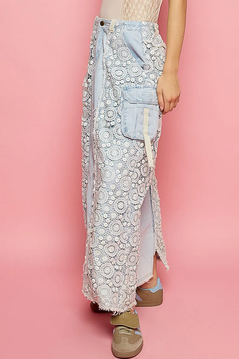 POL Boho Crochet Patch Denim Skirt