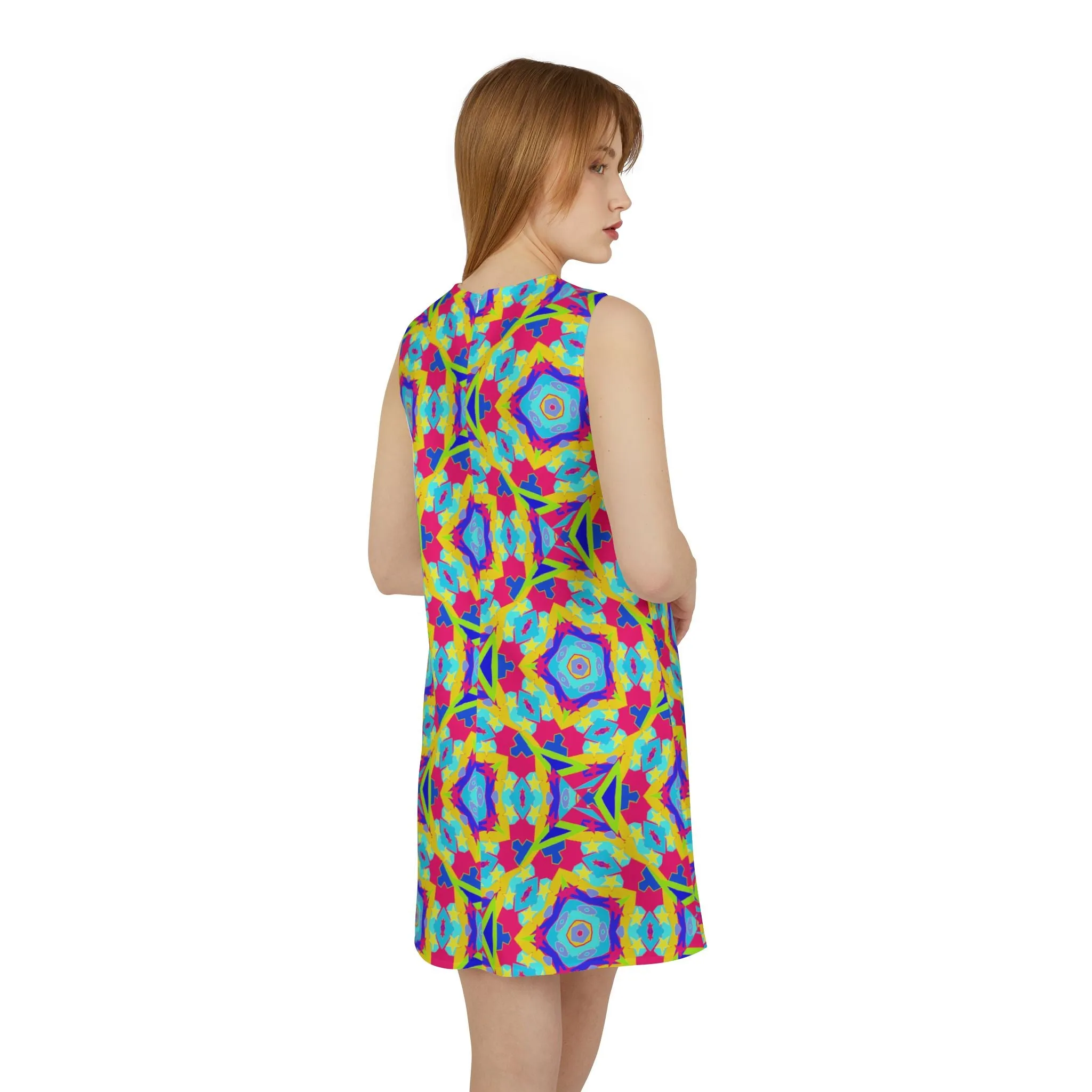 Poly Pentagonal Geometric Red Yellow A-line Sleeveless Dress (AOP)