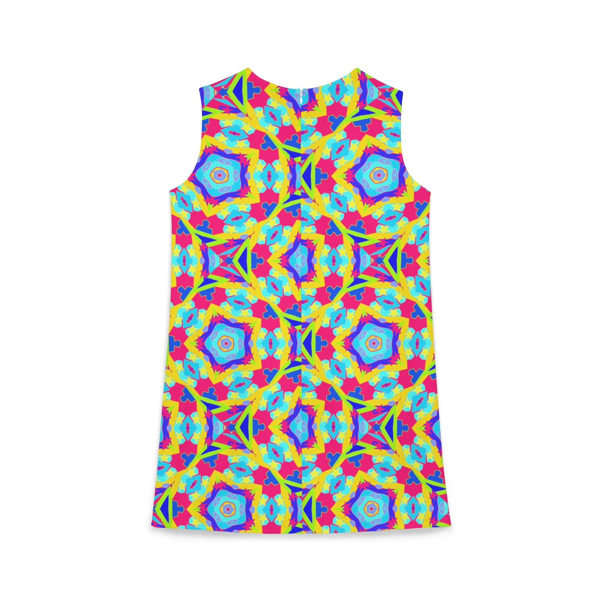 Poly Pentagonal Geometric Red Yellow A-line Sleeveless Dress (AOP)