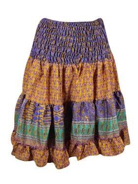 Purple Ruched Skirt, Floral Beach Recycle Silk Skirts S/M