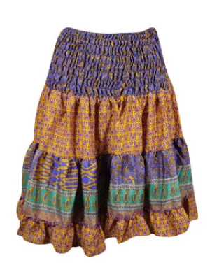 Purple Ruched Skirt, Floral Beach Recycle Silk Skirts S/M