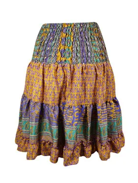 Purple Ruched Skirt, Floral Beach Recycle Silk Skirts S/M