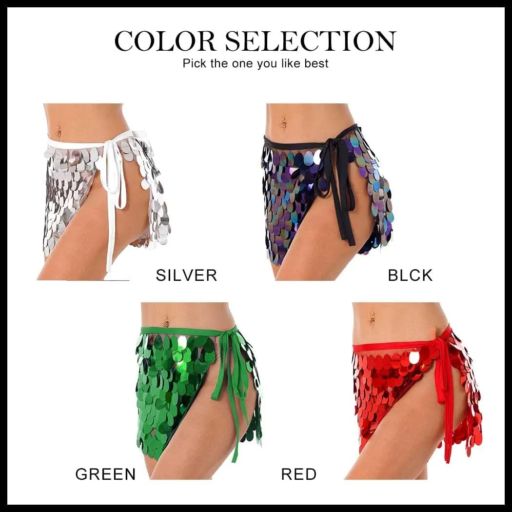 REETAN Sequin Fringe Skirt Belly Dance Hip Scarf for Women