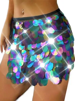 REETAN Sequin Fringe Skirt Belly Dance Hip Scarf for Women