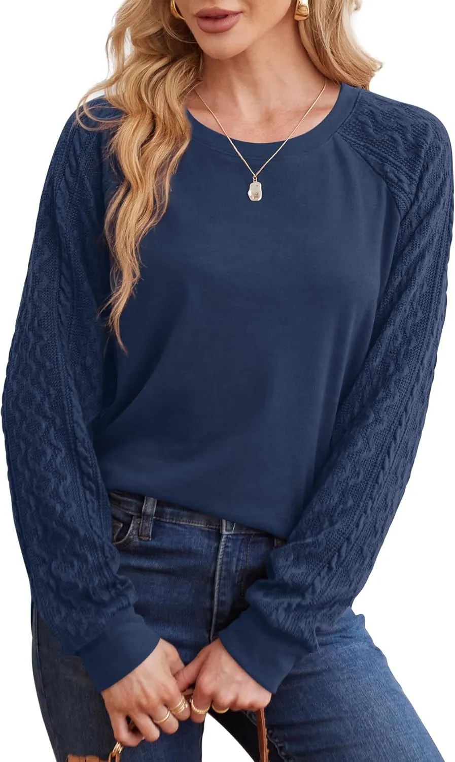 Saloogoe Sweatshirts for Women Crewneck Cable Knit Sleeve Sweaters Lightweight Fashion 2024