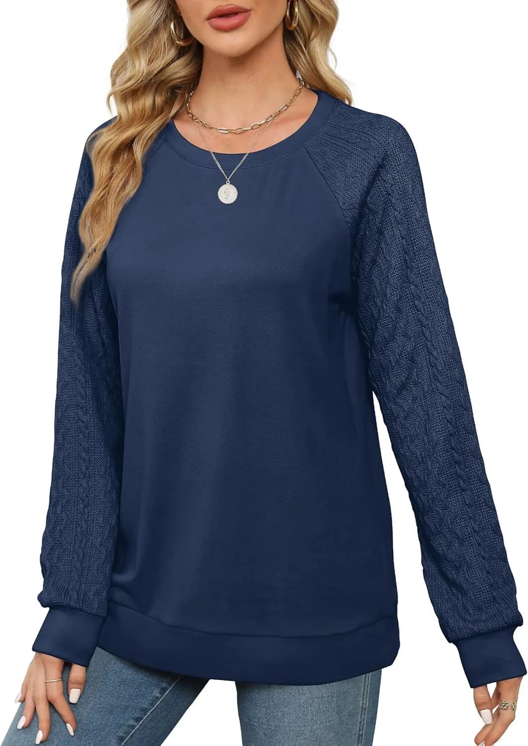 Saloogoe Sweatshirts for Women Crewneck Cable Knit Sleeve Sweaters Lightweight Fashion 2024