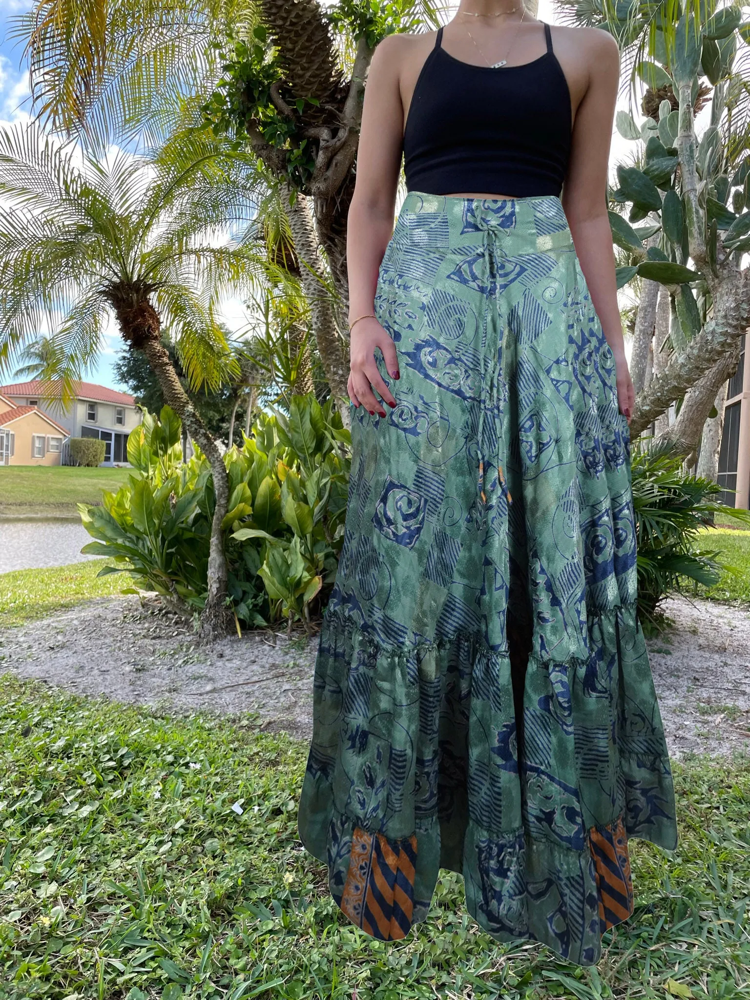 Skirts for Women Ocean Blue Floral Maxi Skirt Tiered Ruffle Boho Skirt ML