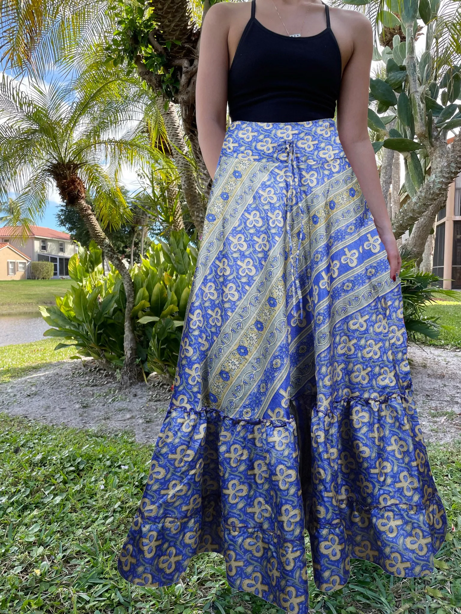 Skirts for Women Violet Blue Floral Maxi Skirt Tiered Ruffle Boho Skirt ML