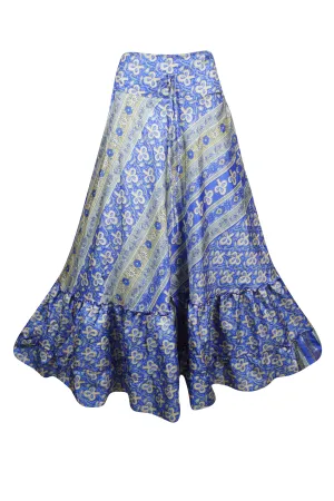 Skirts for Women Violet Blue Floral Maxi Skirt Tiered Ruffle Boho Skirt ML