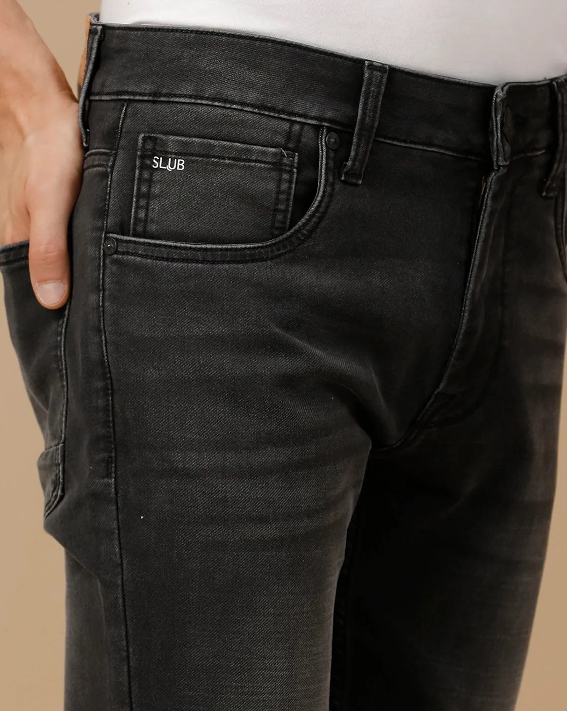 SLUB BLACK SKINNY FIT DENIM JEANS