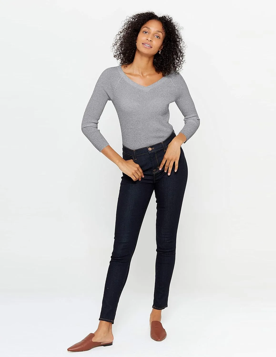 State Cashmere Womens Easy V-Neck Ribbed Sweater 100% Pure Cashmere 3/4 Sleeve Pullover