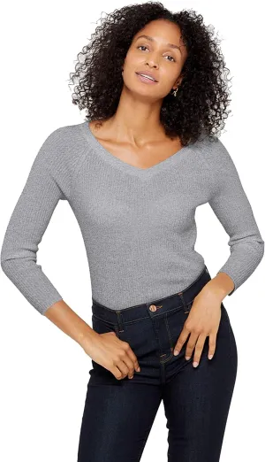 State Cashmere Womens Easy V-Neck Ribbed Sweater 100% Pure Cashmere 3/4 Sleeve Pullover
