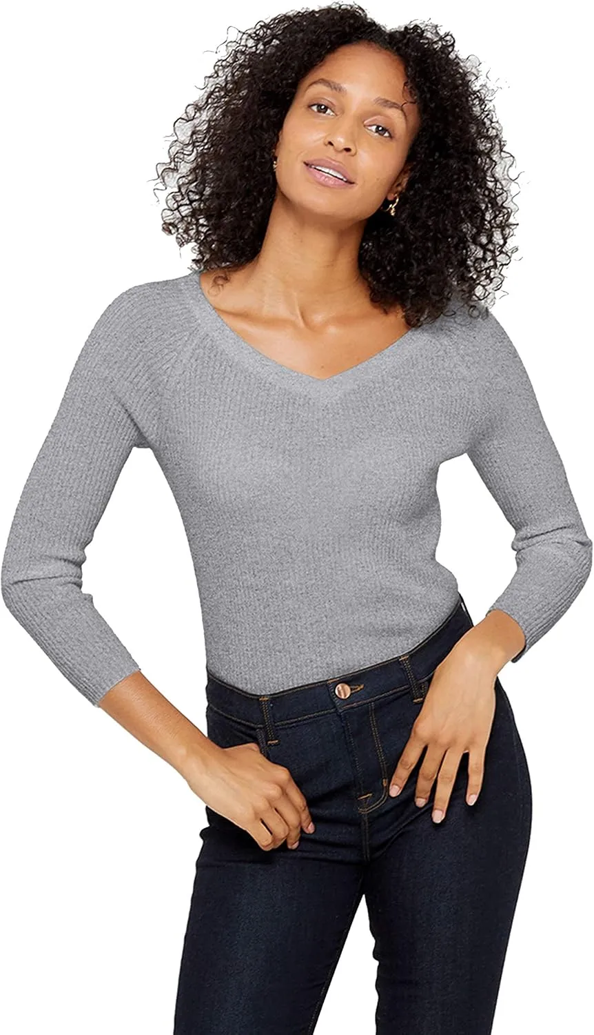 State Cashmere Womens Easy V-Neck Ribbed Sweater 100% Pure Cashmere 3/4 Sleeve Pullover