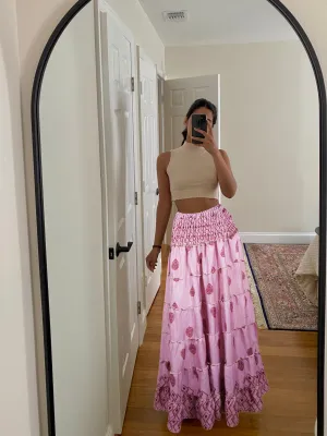 Summer Flamingo Pink Floral Beach Maxi Skirt Patchwork Boho Skirt Dress S/M