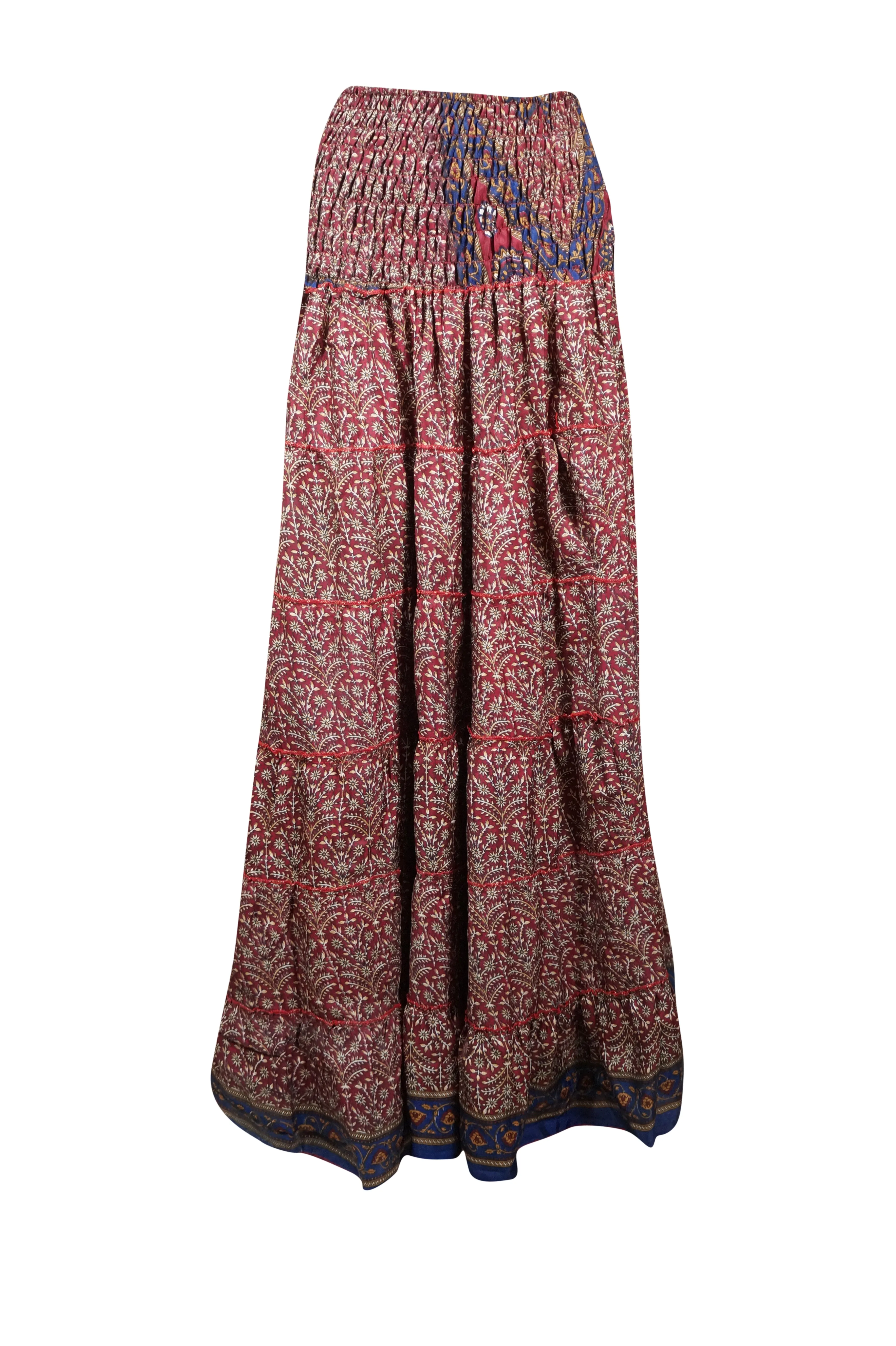 Summer Red Floral Beach Maxi Skirt Patchwork Boho Skirt Dress S/M