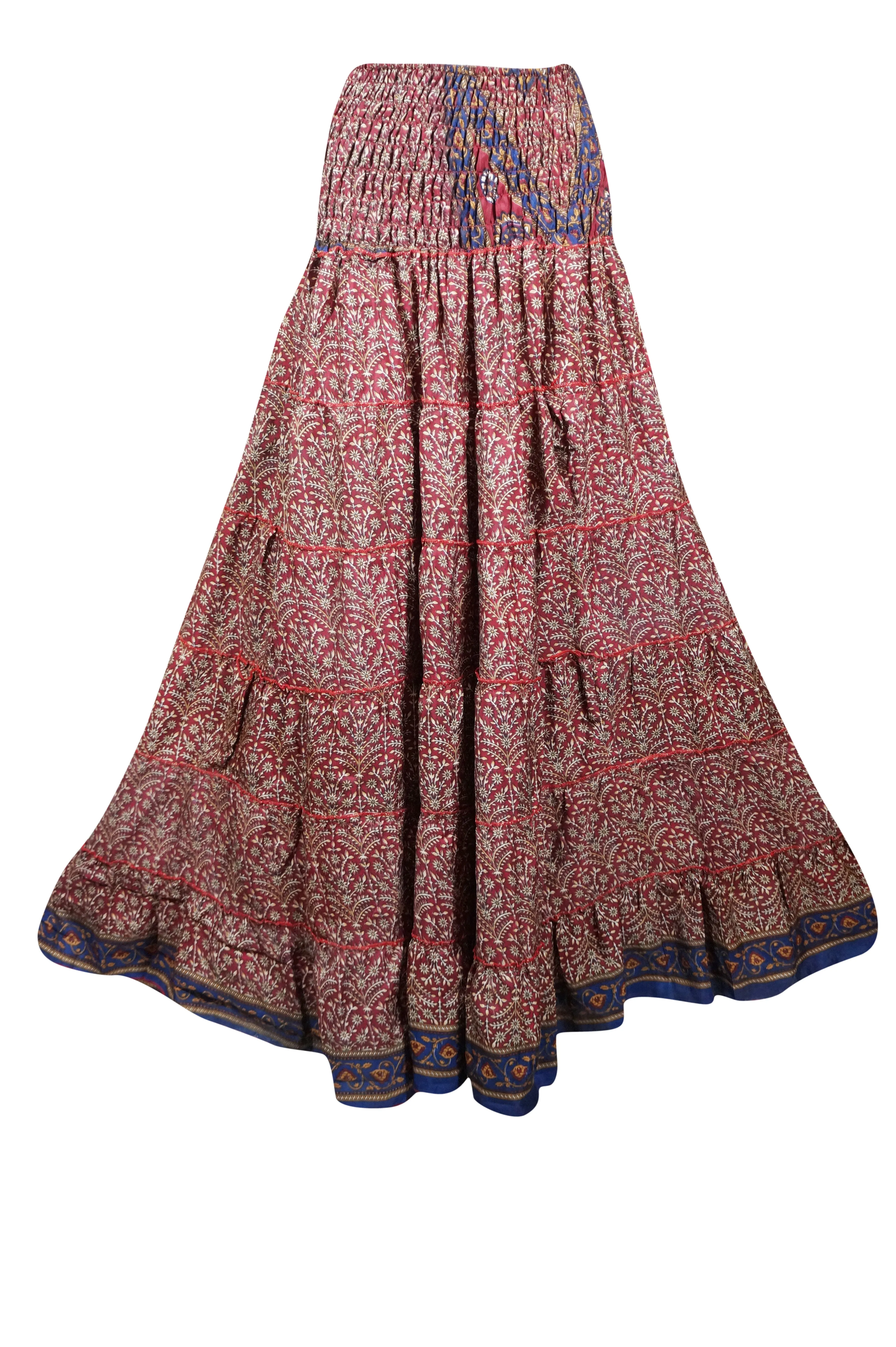 Summer Red Floral Beach Maxi Skirt Patchwork Boho Skirt Dress S/M