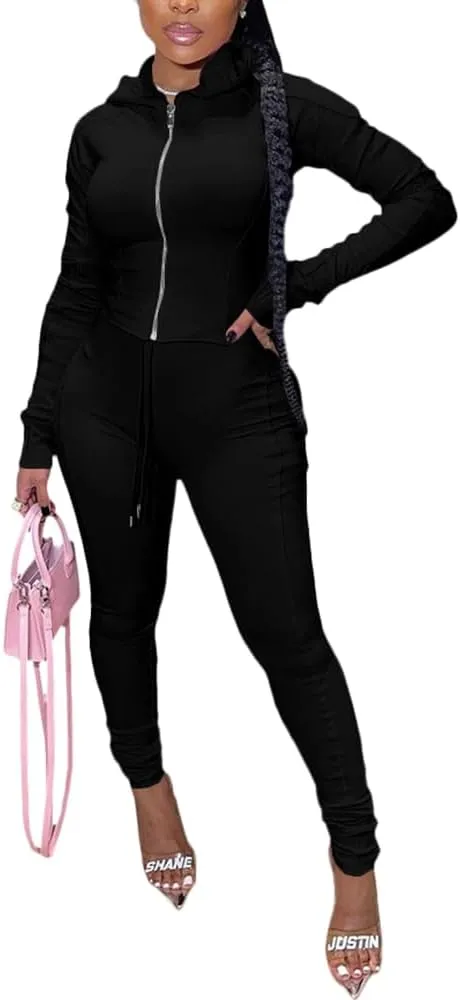 TOPSRANI Women Two Piece Outfits Bodycon Tracksuit Sweatsuits Hoodie Solid Jogger Workout Lounge Zipper Long Sleeve Pant Sets