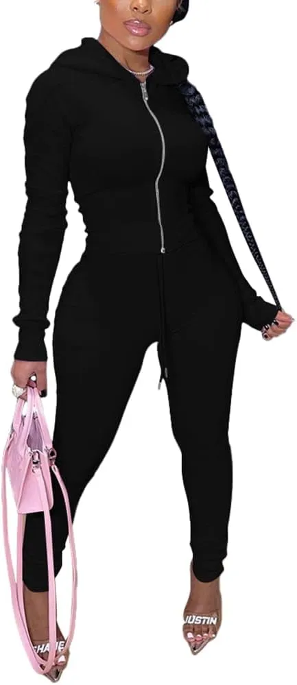 TOPSRANI Women Two Piece Outfits Bodycon Tracksuit Sweatsuits Hoodie Solid Jogger Workout Lounge Zipper Long Sleeve Pant Sets