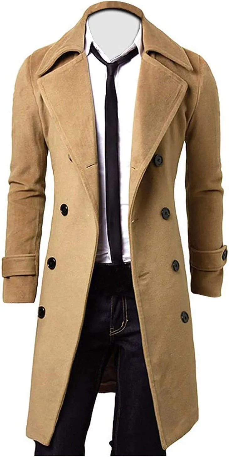 Trench Coats Men Winter,Wool Blend Slim Fit Lapel Double Breasted Pea Coat Classic Business Full Length Windbreaker