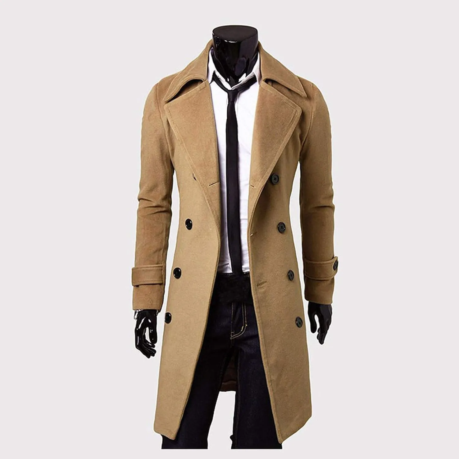 Trench Coats Men Winter,Wool Blend Slim Fit Lapel Double Breasted Pea Coat Classic Business Full Length Windbreaker