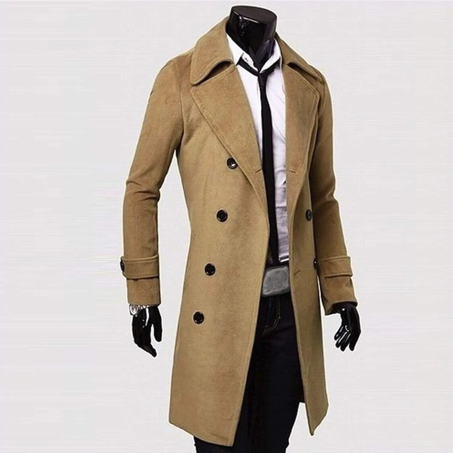 Trench Coats Men Winter,Wool Blend Slim Fit Lapel Double Breasted Pea Coat Classic Business Full Length Windbreaker