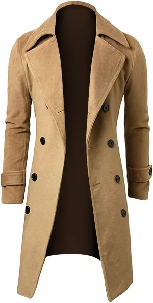 Trench Coats Men Winter,Wool Blend Slim Fit Lapel Double Breasted Pea Coat Classic Business Full Length Windbreaker