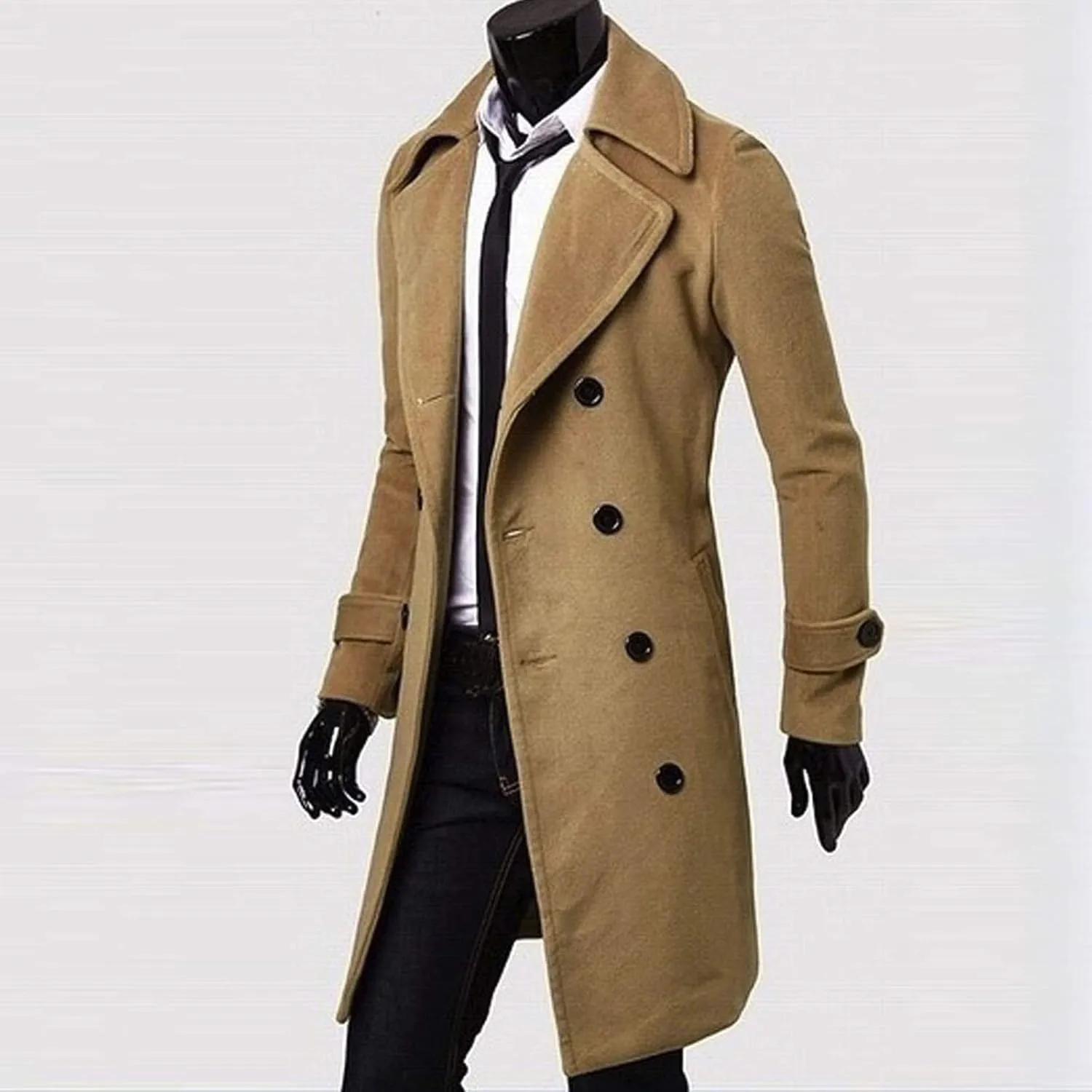 Trench Coats Men Winter,Wool Blend Slim Fit Lapel Double Breasted Pea Coat Classic Business Full Length Windbreaker