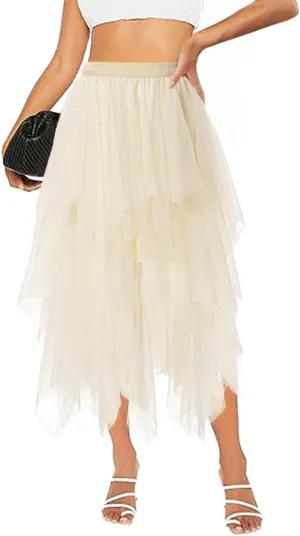 Tulle Skirts for Women Midi Long Tutu Skirt A-Line Mesh Layered Fairy Trendy High Elastic Waist Halloween Skirts