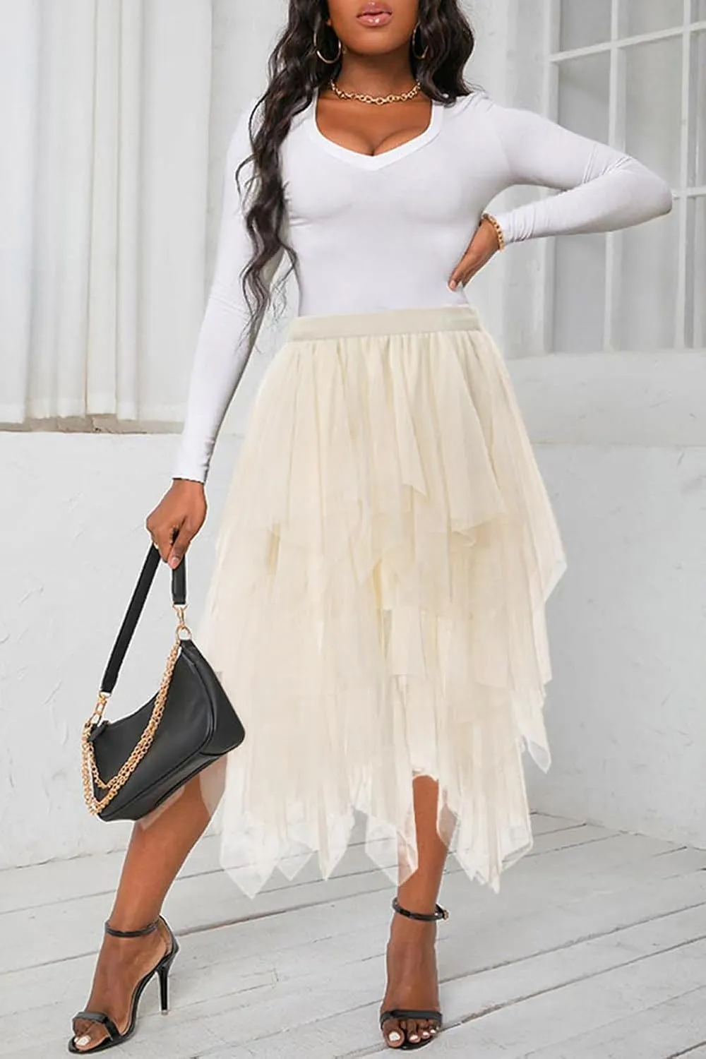 Tulle Skirts for Women Midi Long Tutu Skirt A-Line Mesh Layered Fairy Trendy High Elastic Waist Halloween Skirts