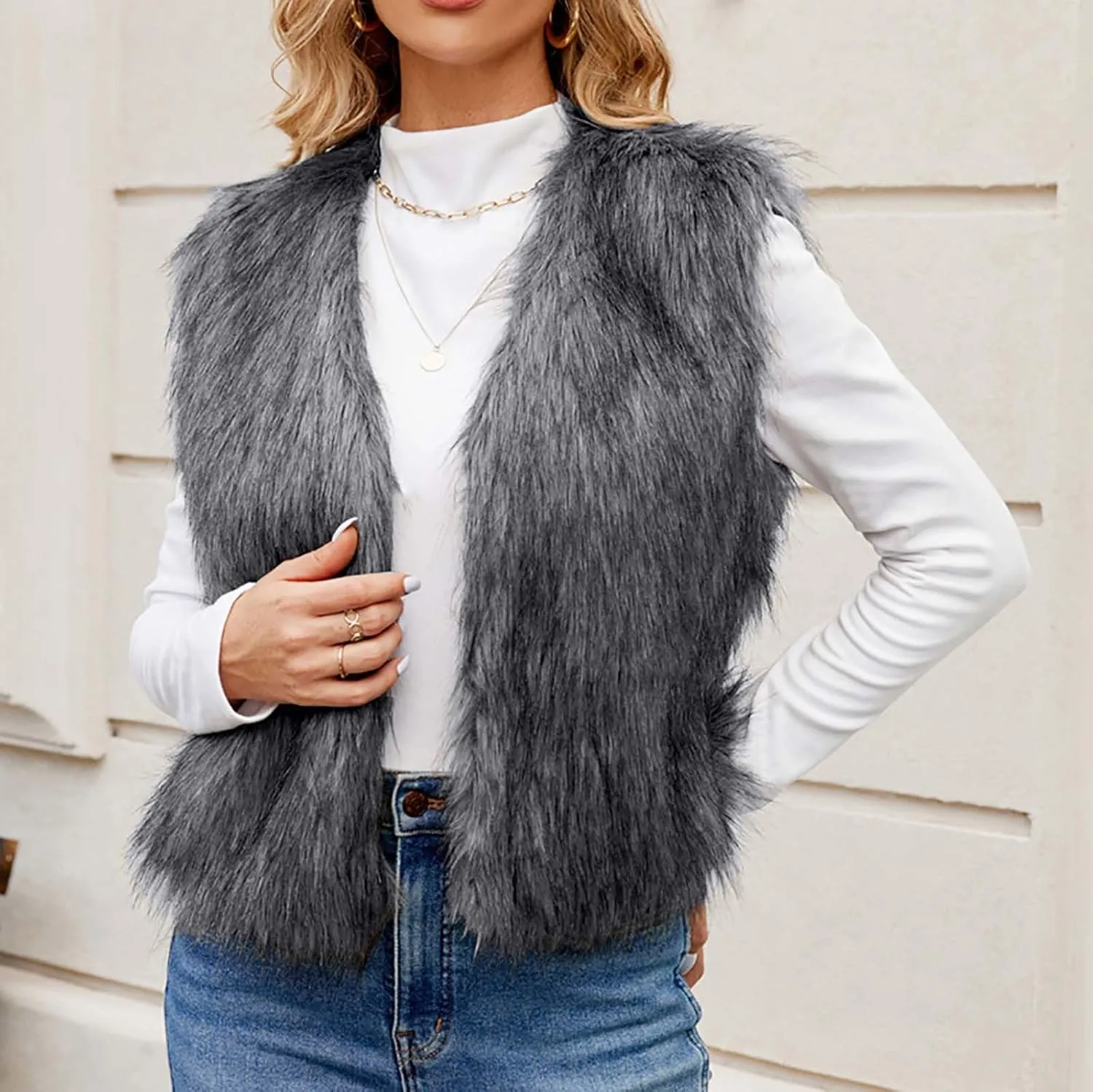 Uillui Womens Open Front Fluffy Short Faux Fur Vest Waistcoat Sleeveless Cropped Faux Fur Jacket Fuzzy Fluffy Short Cardigan