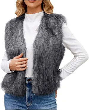 Uillui Womens Open Front Fluffy Short Faux Fur Vest Waistcoat Sleeveless Cropped Faux Fur Jacket Fuzzy Fluffy Short Cardigan