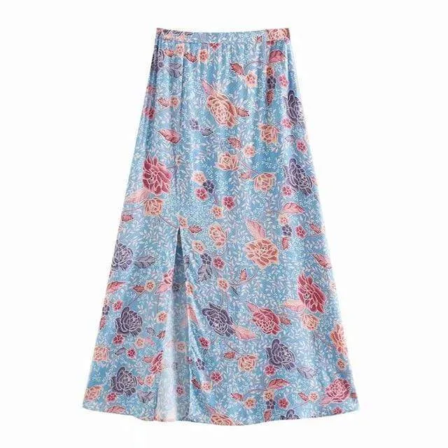 Vintage Floral Printed Split Maxi Skirts