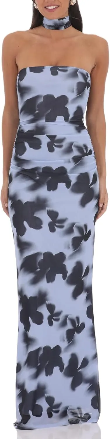 Women Floral Tube Maxi Dress with Scarf Sexy Strapless Backless Bodycon Long Dress Summer Mesh Cocktail Sundress