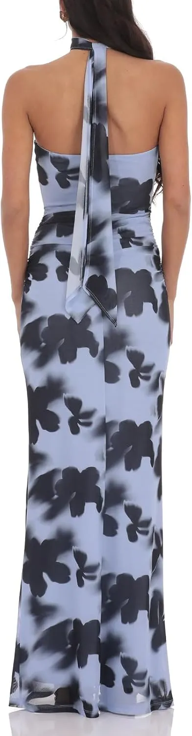 Women Floral Tube Maxi Dress with Scarf Sexy Strapless Backless Bodycon Long Dress Summer Mesh Cocktail Sundress