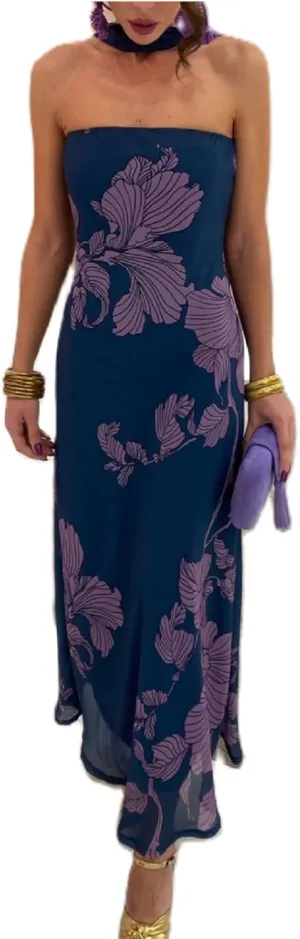 Women Floral Tube Maxi Dress with Scarf Sexy Strapless Backless Bodycon Long Dress Summer Mesh Cocktail Sundress