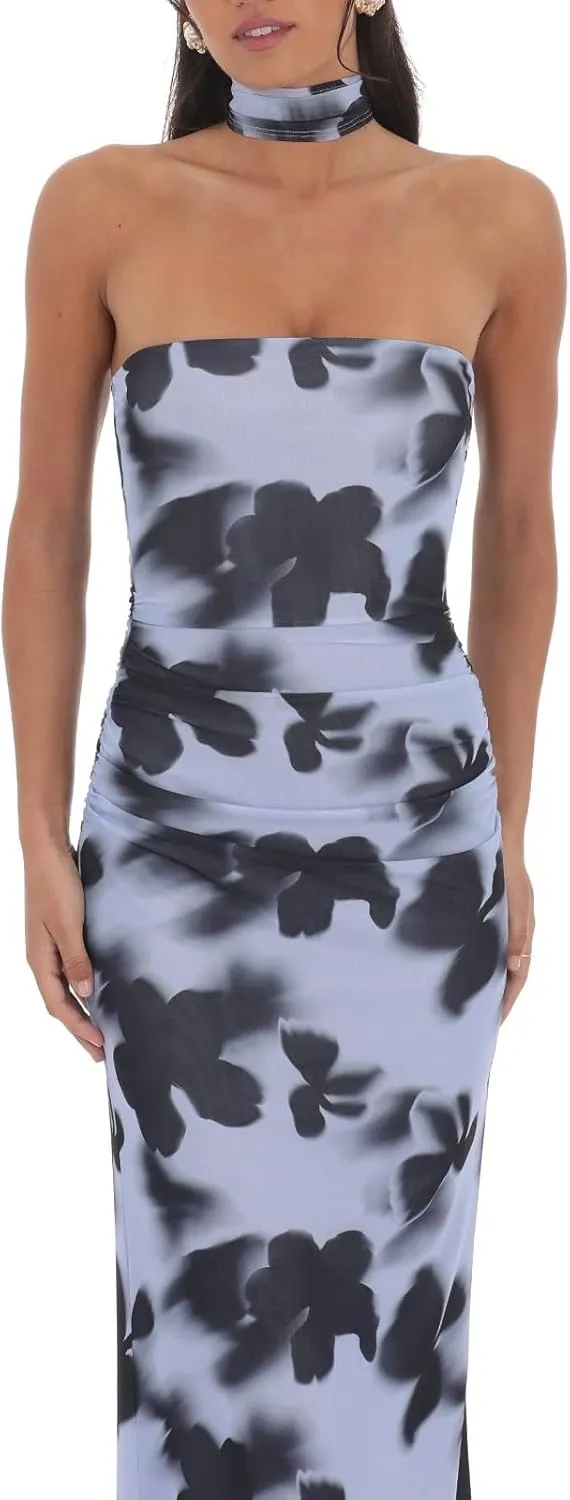 Women Floral Tube Maxi Dress with Scarf Sexy Strapless Backless Bodycon Long Dress Summer Mesh Cocktail Sundress