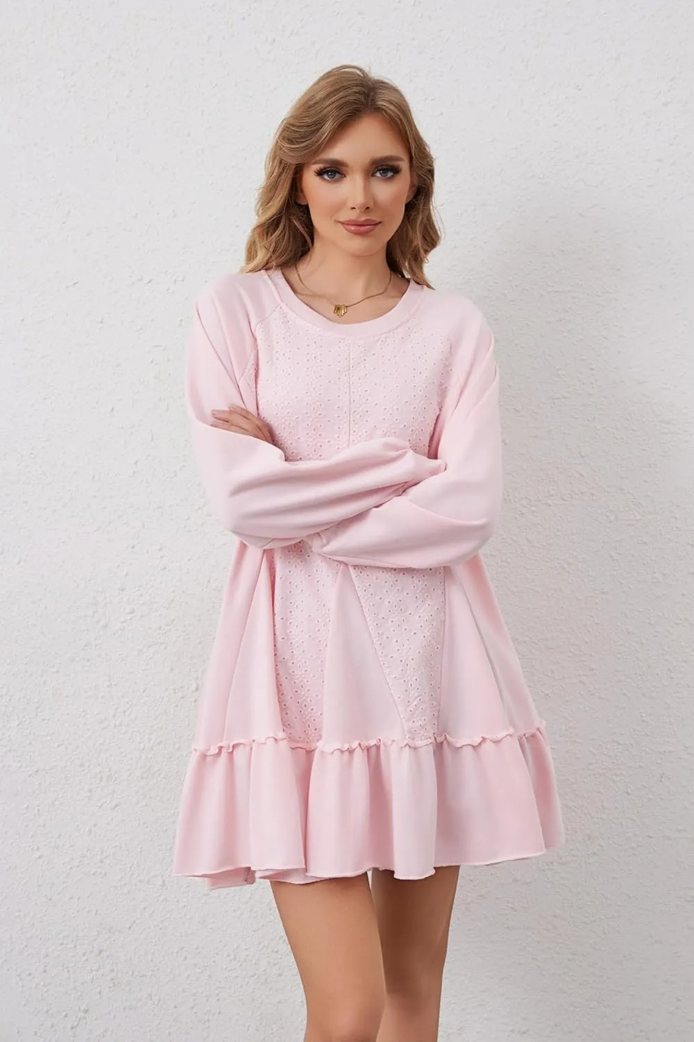 Women Oversized Sweatshirt Dress Hollow Out Patchwork Ruffle Hem Pullover Short Dresses Raglan Sleeve Flowy Dress