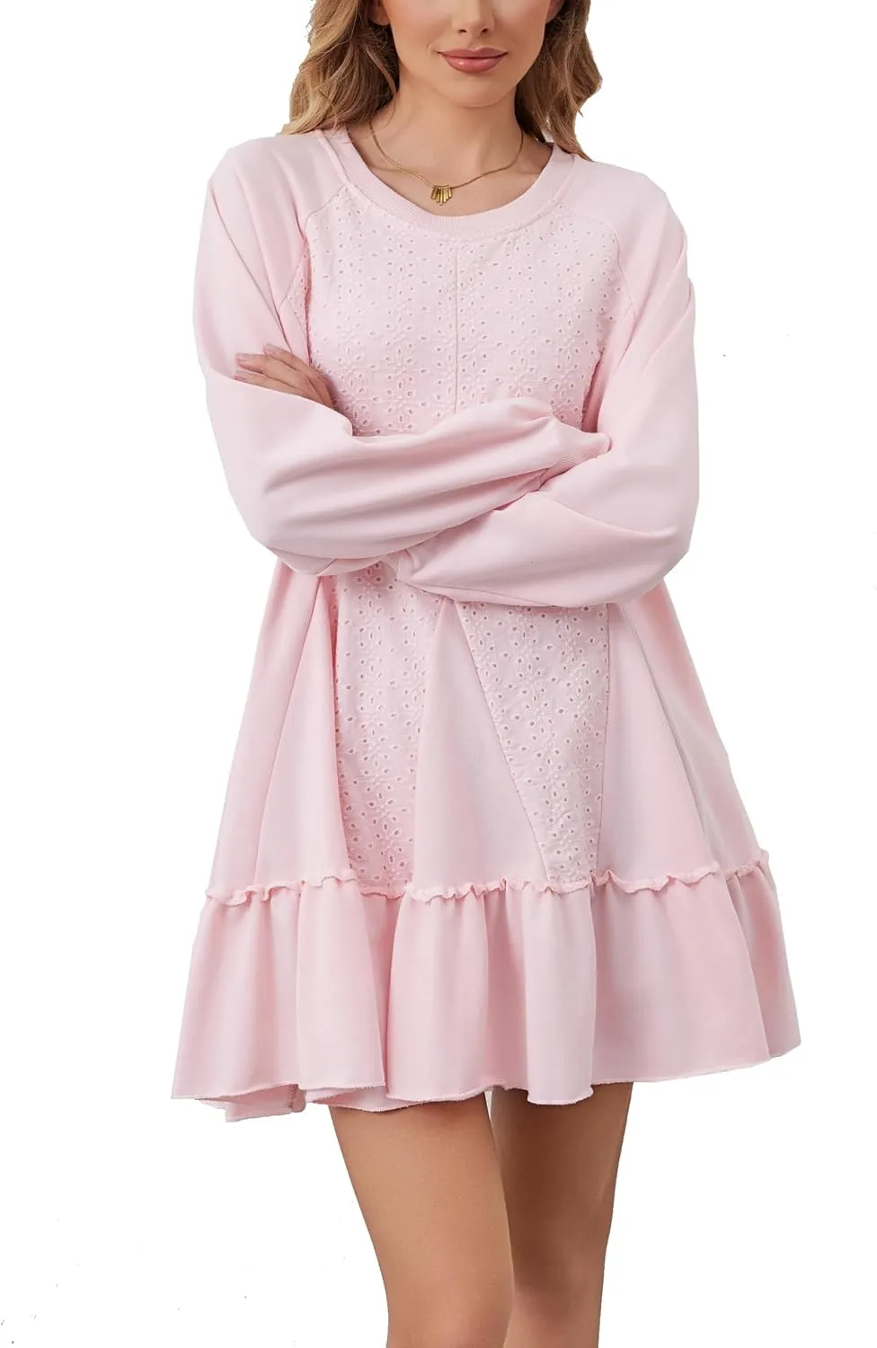Women Oversized Sweatshirt Dress Hollow Out Patchwork Ruffle Hem Pullover Short Dresses Raglan Sleeve Flowy Dress