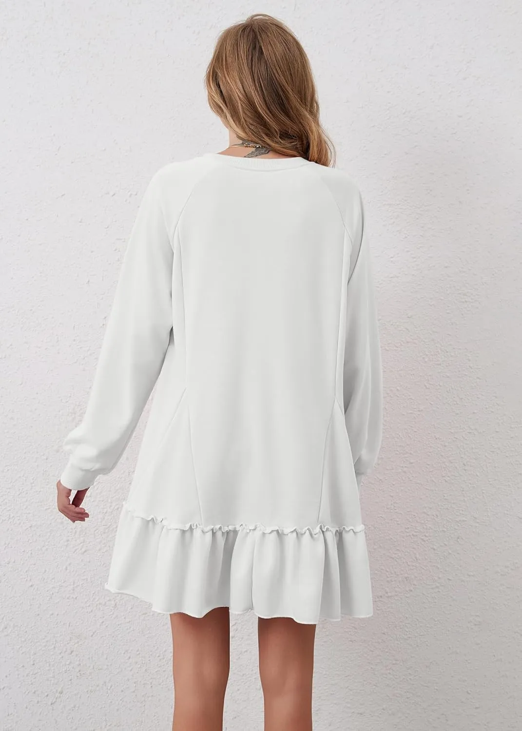 Women Oversized Sweatshirt Dress Hollow Out Patchwork Ruffle Hem Pullover Short Dresses Raglan Sleeve Flowy Dress