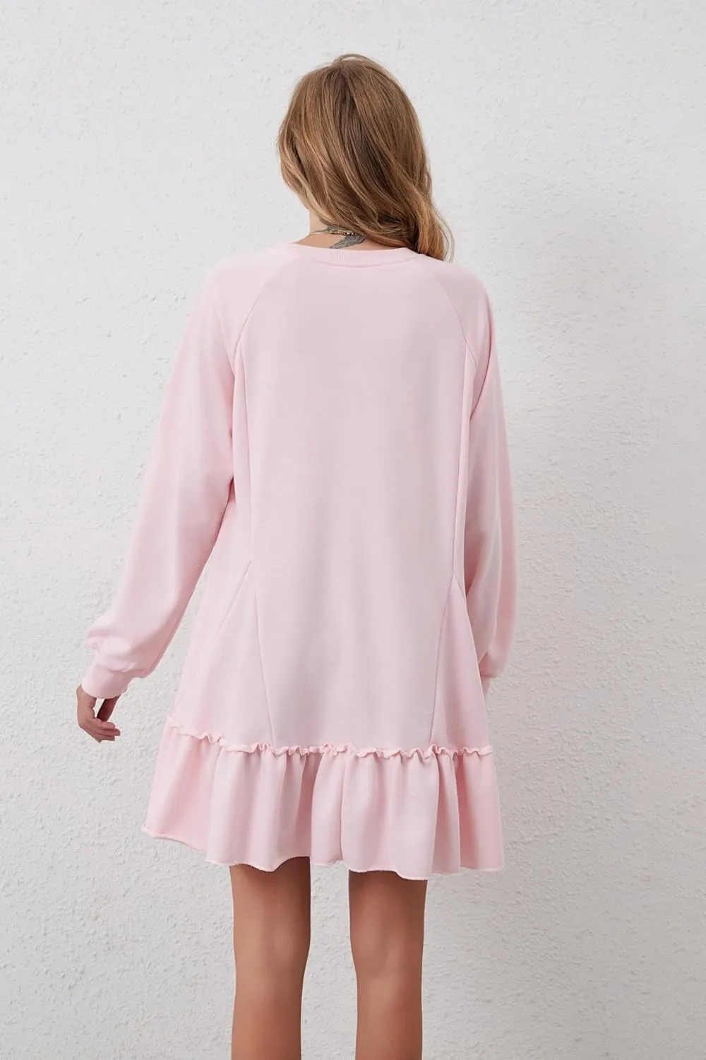 Women Oversized Sweatshirt Dress Hollow Out Patchwork Ruffle Hem Pullover Short Dresses Raglan Sleeve Flowy Dress