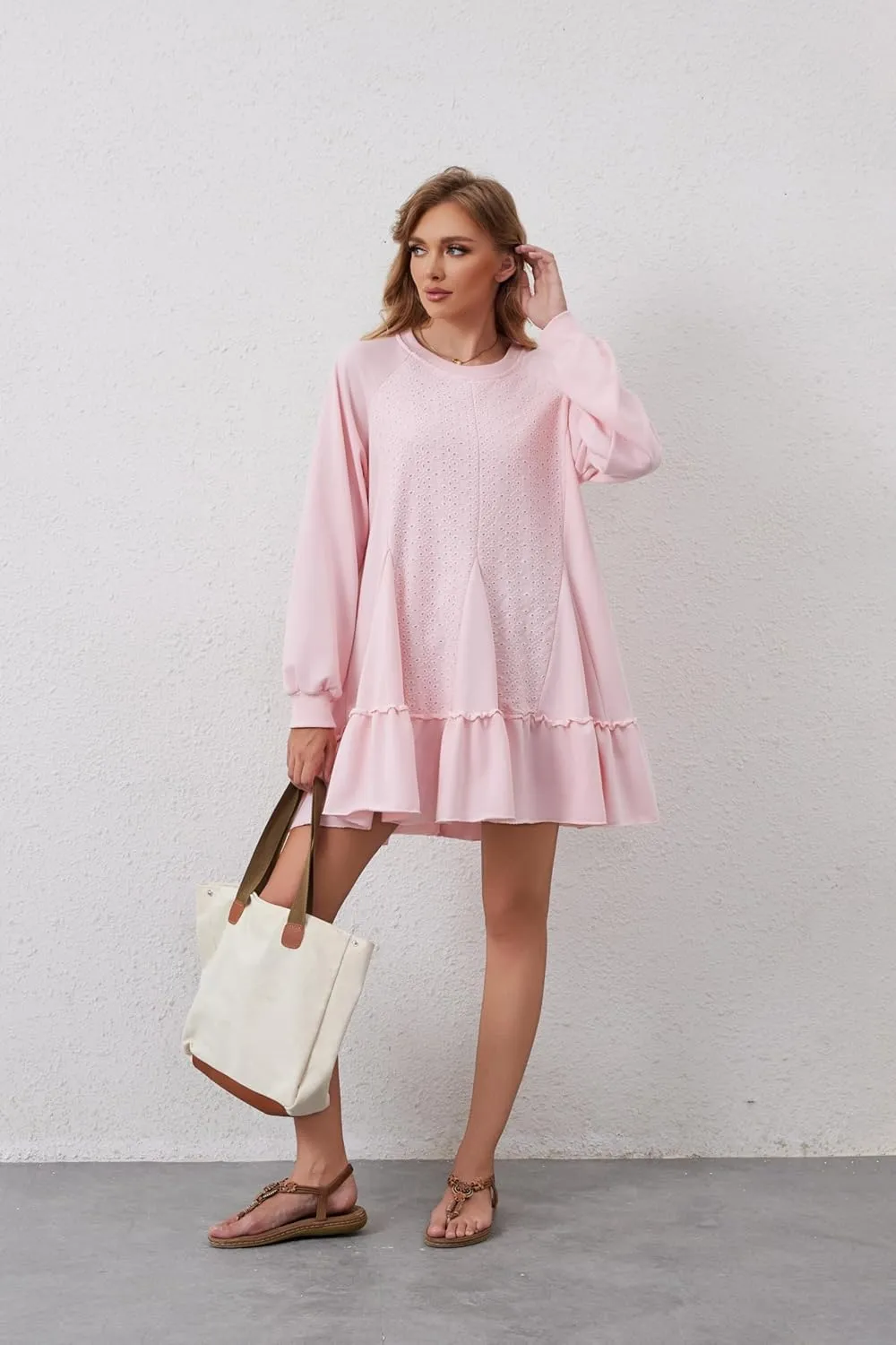 Women Oversized Sweatshirt Dress Hollow Out Patchwork Ruffle Hem Pullover Short Dresses Raglan Sleeve Flowy Dress