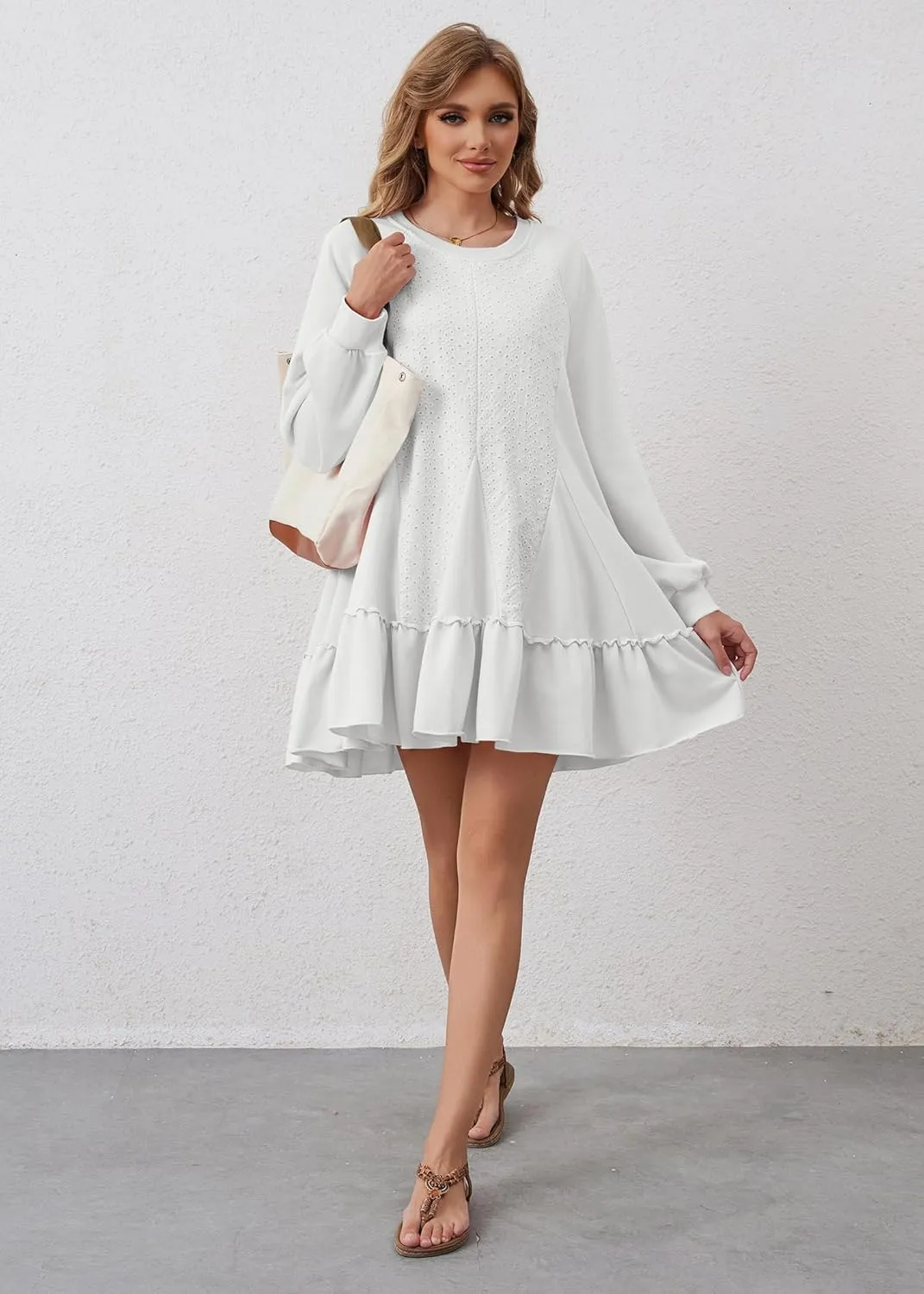 Women Oversized Sweatshirt Dress Hollow Out Patchwork Ruffle Hem Pullover Short Dresses Raglan Sleeve Flowy Dress