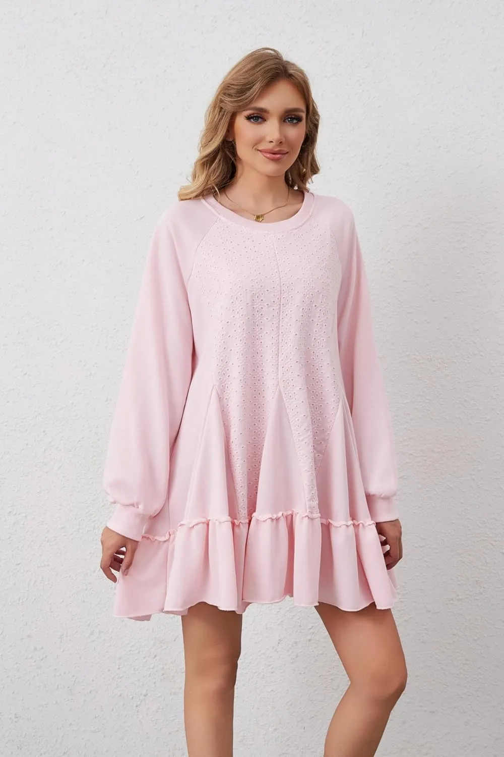 Women Oversized Sweatshirt Dress Hollow Out Patchwork Ruffle Hem Pullover Short Dresses Raglan Sleeve Flowy Dress