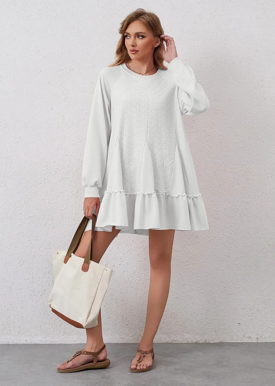 Women Oversized Sweatshirt Dress Hollow Out Patchwork Ruffle Hem Pullover Short Dresses Raglan Sleeve Flowy Dress