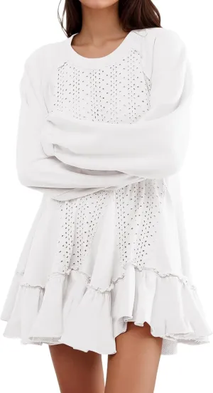 Women Oversized Sweatshirt Dress Hollow Out Patchwork Ruffle Hem Pullover Short Dresses Raglan Sleeve Flowy Dress