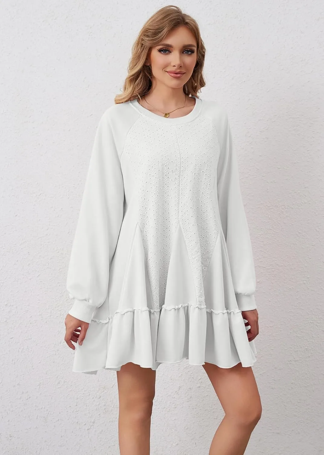 Women Oversized Sweatshirt Dress Hollow Out Patchwork Ruffle Hem Pullover Short Dresses Raglan Sleeve Flowy Dress