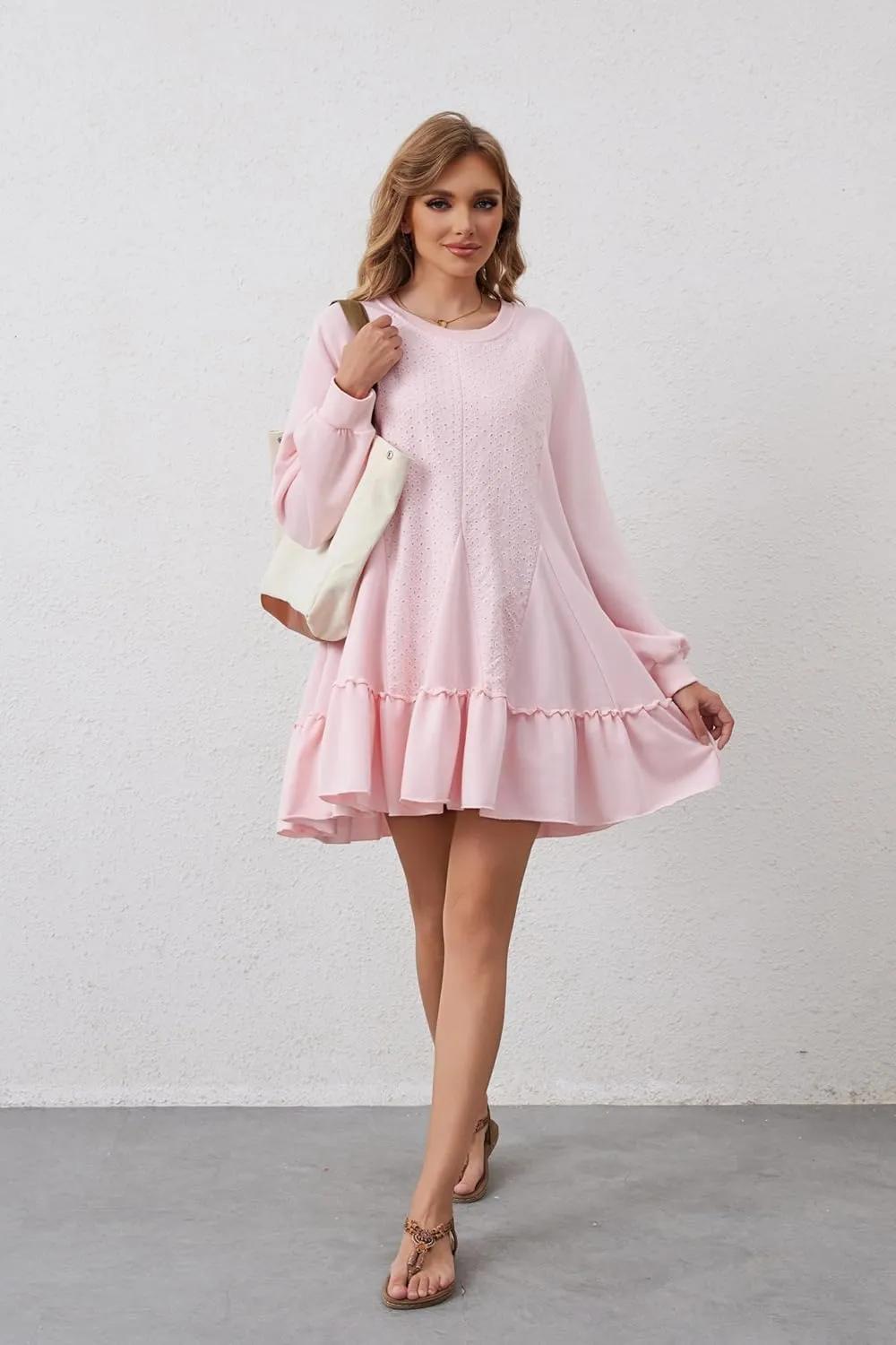 Women Oversized Sweatshirt Dress Hollow Out Patchwork Ruffle Hem Pullover Short Dresses Raglan Sleeve Flowy Dress