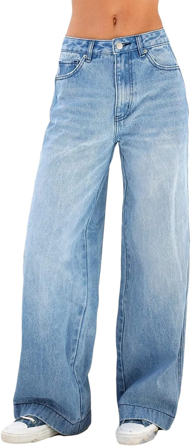 Women Y2k Low Rise Baggy Jeans Loose Fit Boyfriend Straight Wide Leg Jeans Trendy Stretch Long Denim Pants