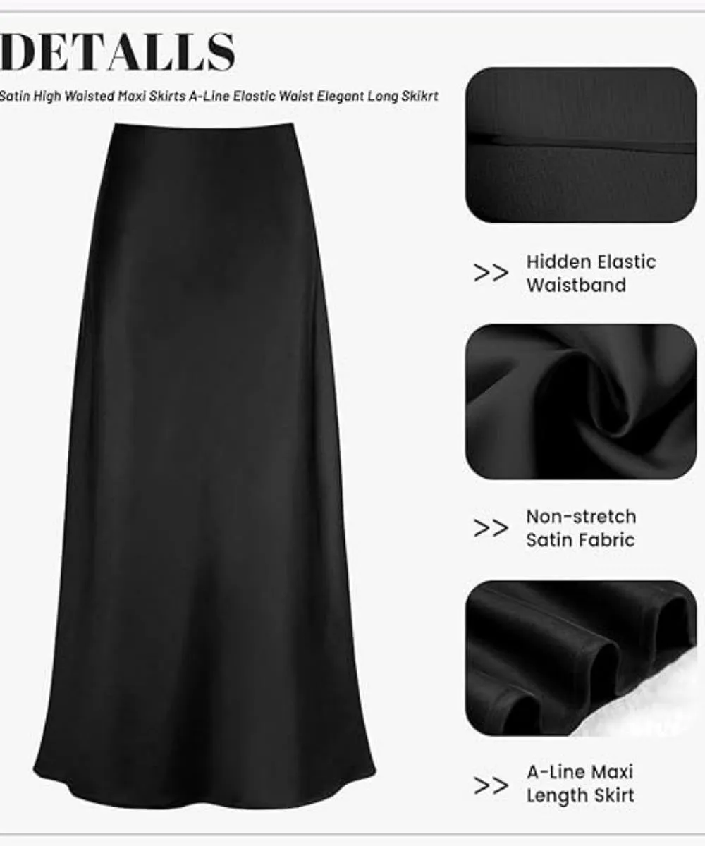 Women's Elegant Satin Silky High Waist Maxi Skirt Elegant Side Zipper Flowy A Line Long Skirts